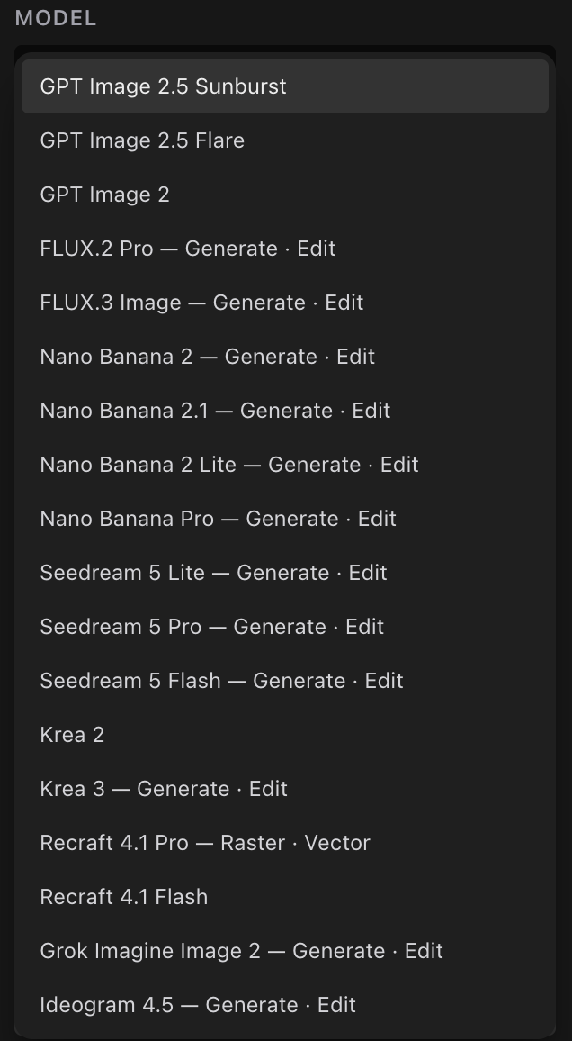 The image Model menu in Generate, listing GPT Image, FLUX, Nano Banana, Seedream, Krea, Recraft, Grok Imagine and Ideogram models.