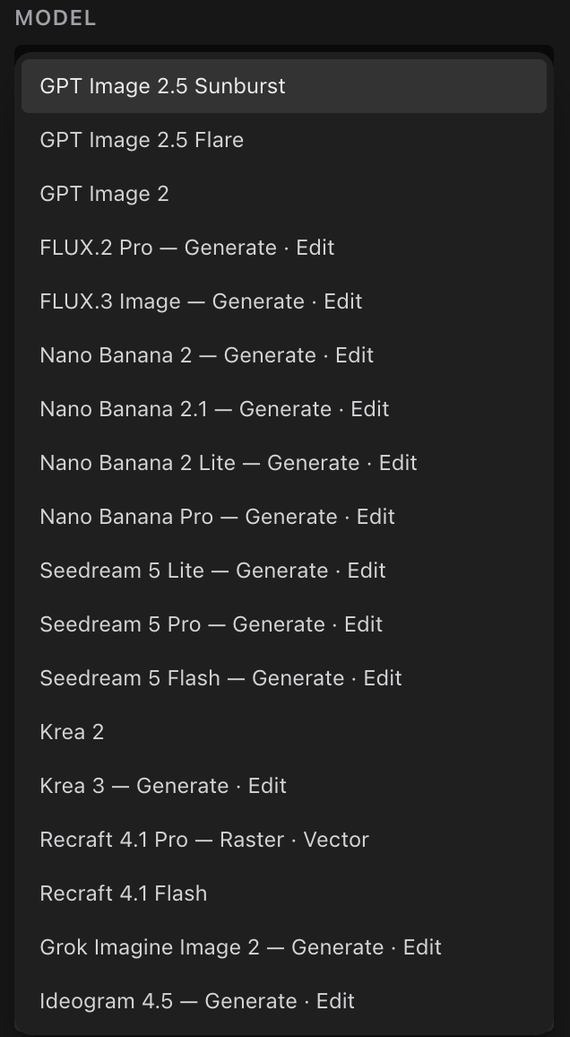 The image Model menu in Generate, listing GPT Image, FLUX, Nano Banana, Seedream, Krea, Recraft, Grok Imagine and Ideogram models.