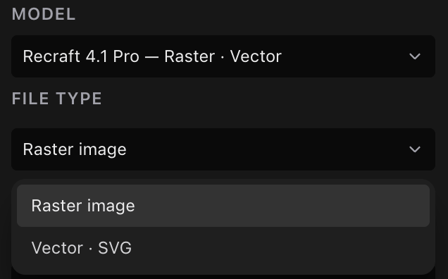 Recraft 4.1 Pro selected, with the File type menu open showing Raster image and Vector · SVG.
