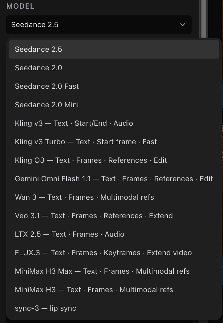 The video Model menu in Generate, listing Seedance, Kling, Gemini Omni Flash, Wan, Veo, LTX, FLUX.3, MiniMax and sync-3 models.