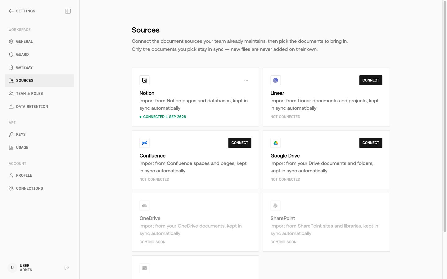 Settings → Sources page with Linear not yet connected