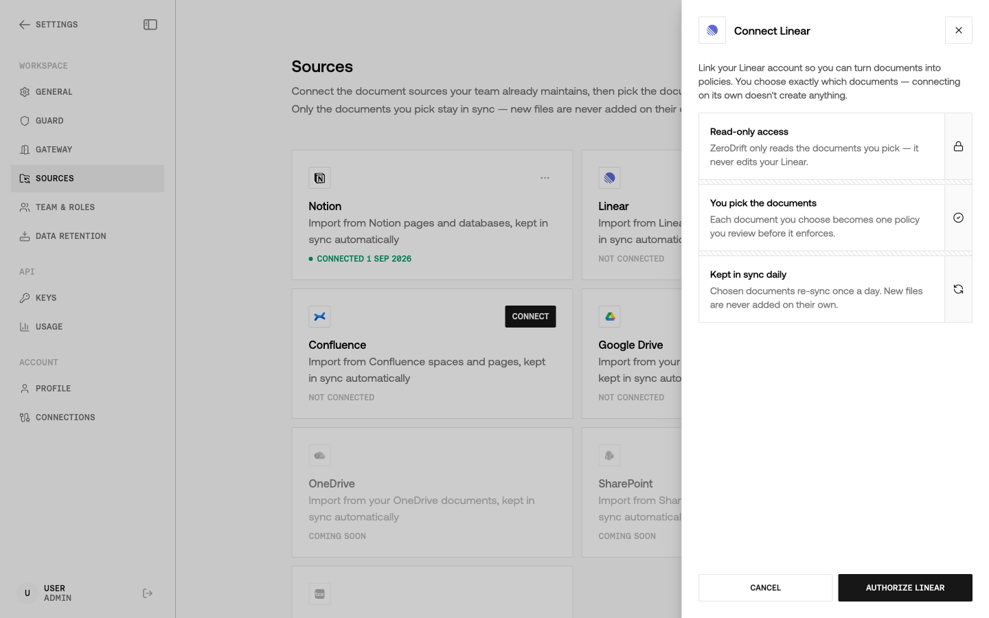 Connect Linear panel describing read-only access, document picking, and daily sync before authorizing