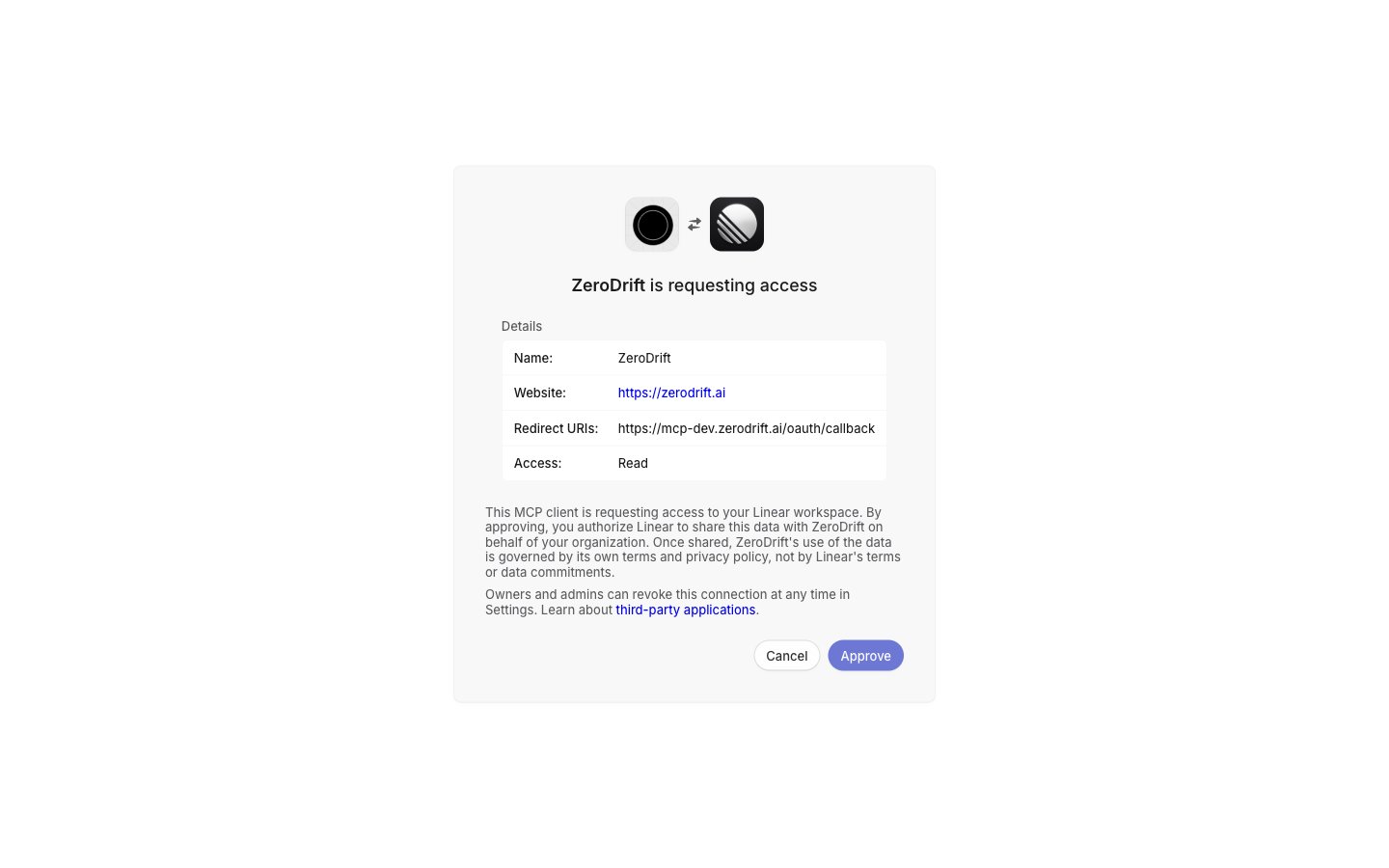 Linear MCP authorization screen showing ZeroDrift requesting read access, with Approve and Cancel buttons