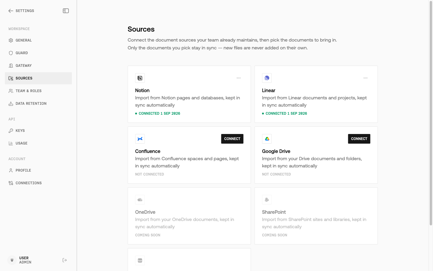Settings → Sources page showing Linear as Connected