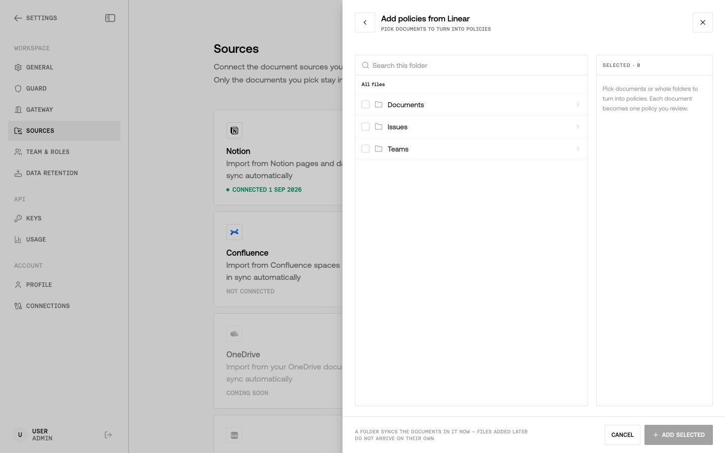 Add policies from Linear panel with Documents, Issues, and Teams filters to pick items