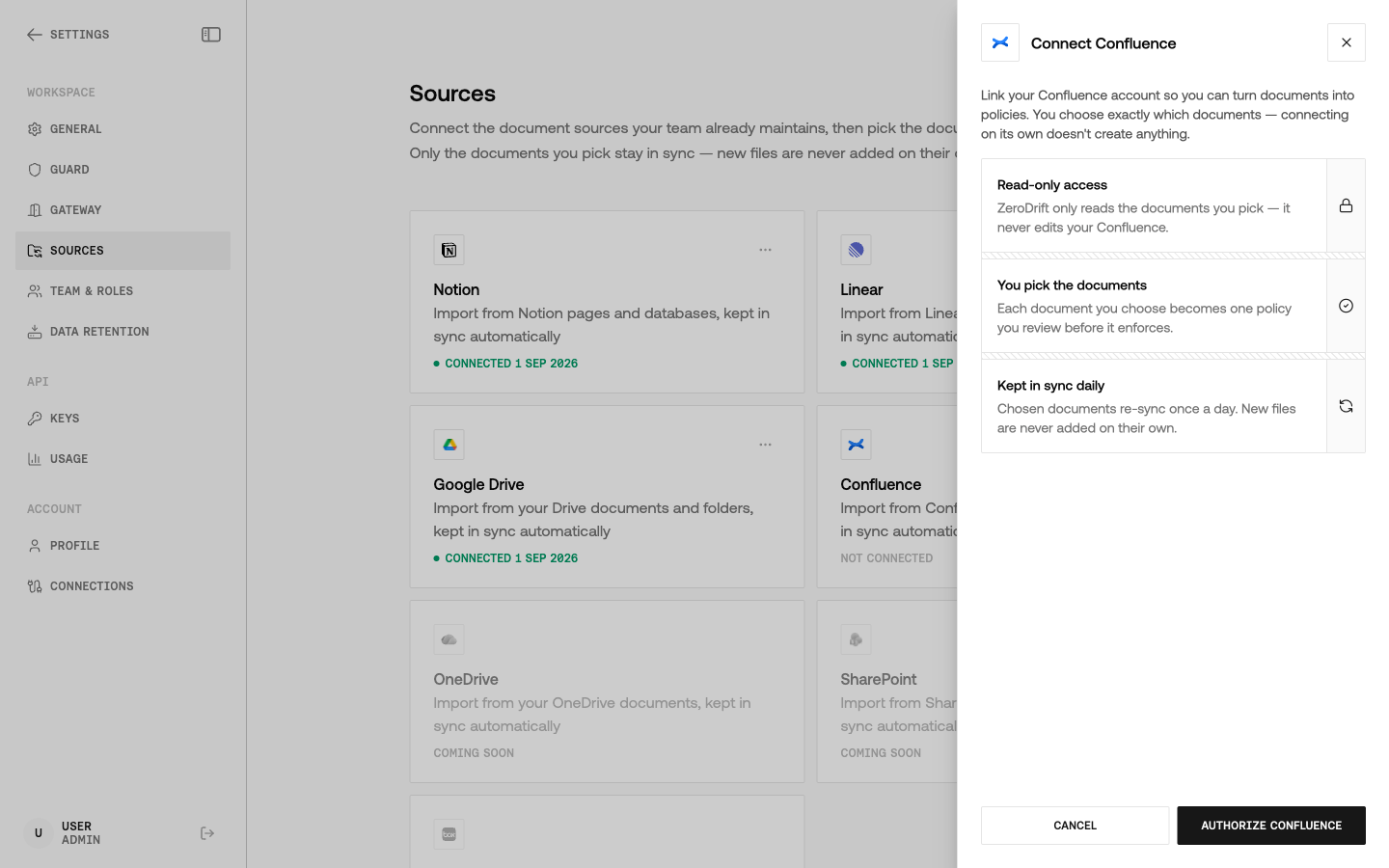 Connect Confluence panel describing read-only access, document picking, and daily sync before authorizing