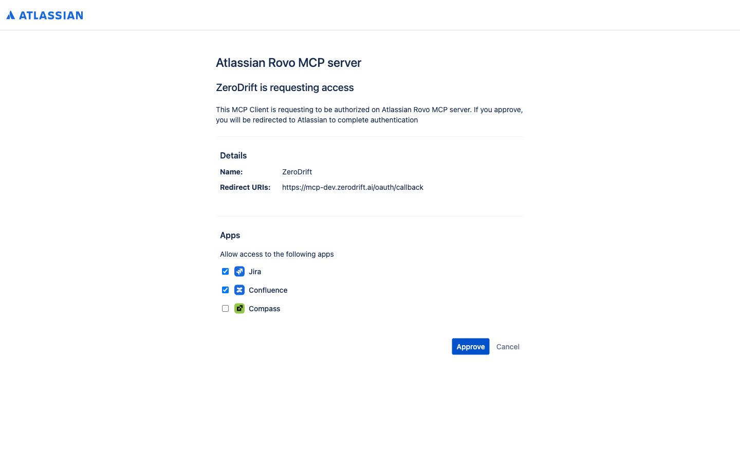Atlassian Rovo MCP authorization screen showing ZeroDrift requesting access to Jira, Confluence, and Compass