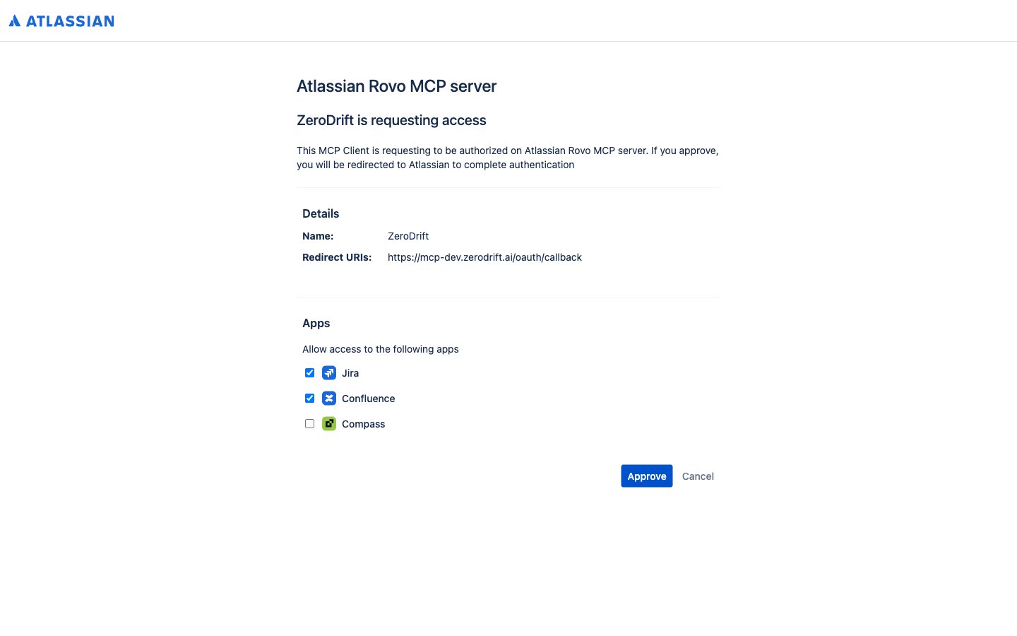 Atlassian Rovo MCP authorization screen showing ZeroDrift requesting access to Jira, Confluence, and Compass