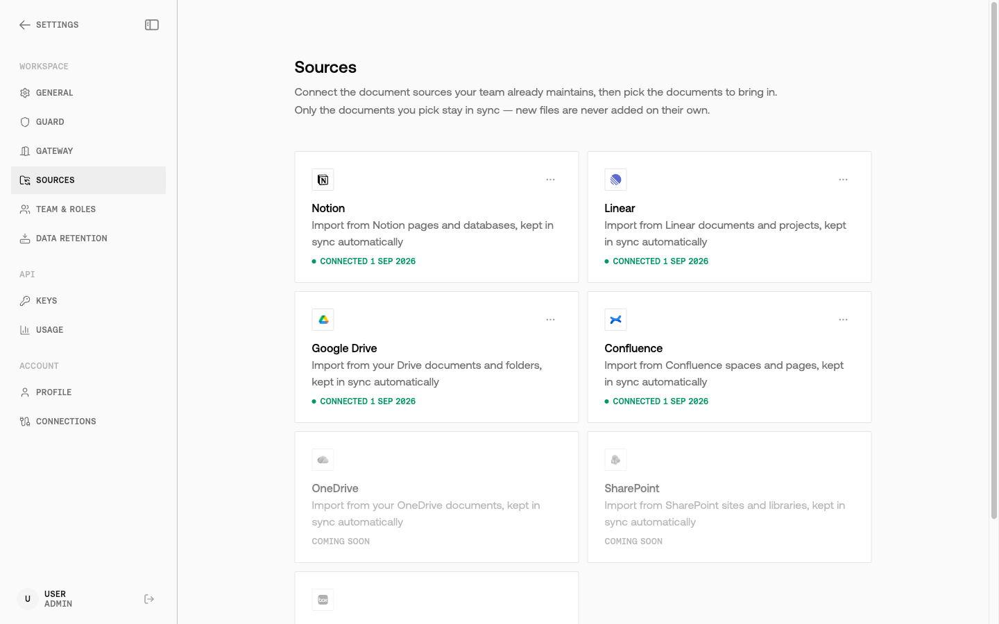 Settings → Sources page showing Confluence as Connected