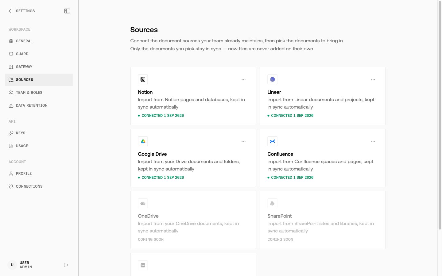 Settings → Sources page showing Confluence as Connected
