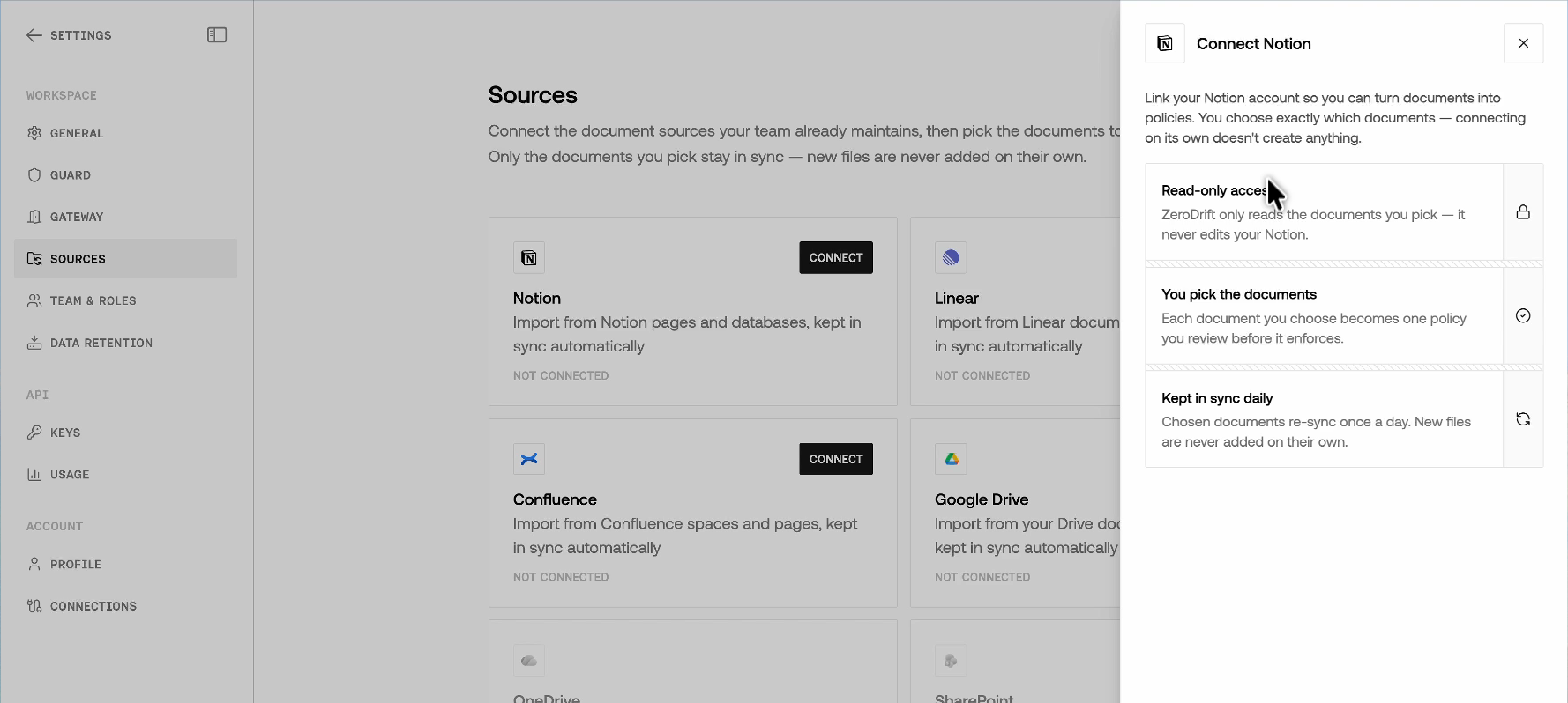 Connect Notion panel listing read-only access, you pick the documents, and a kept-in-sync-daily note before authorizing