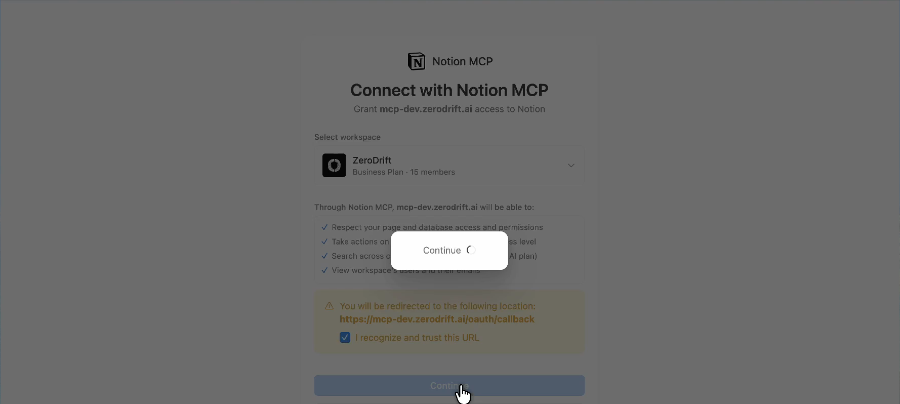 Notion OAuth screen granting mcp-dev.zerodrift.ai access to the ZeroDrift workspace