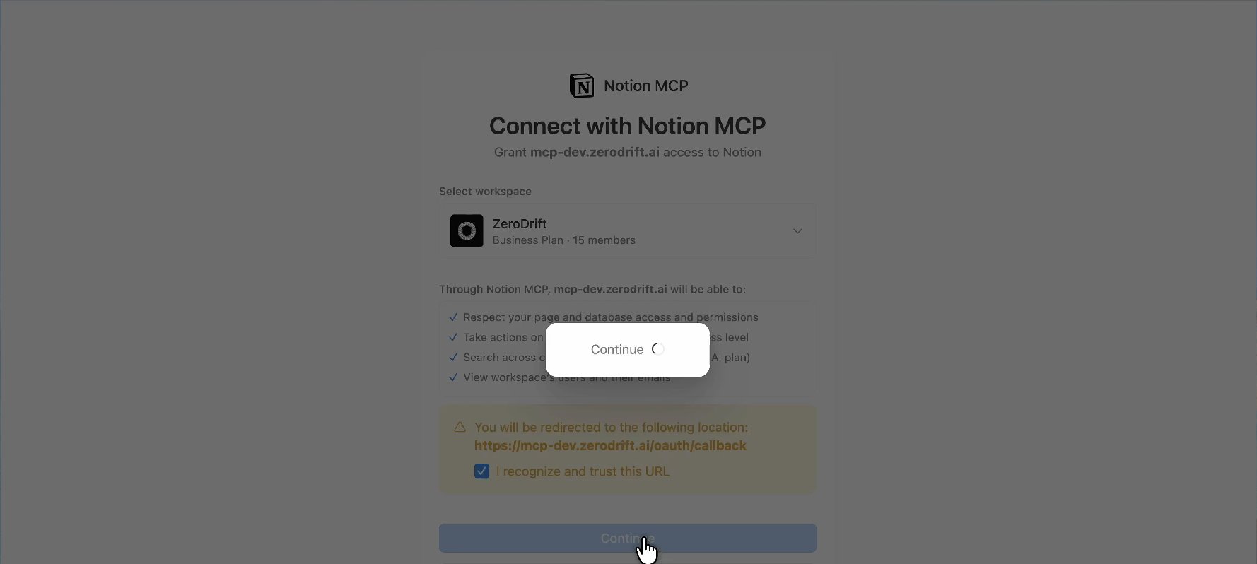 Notion OAuth screen granting mcp-dev.zerodrift.ai access to the ZeroDrift workspace
