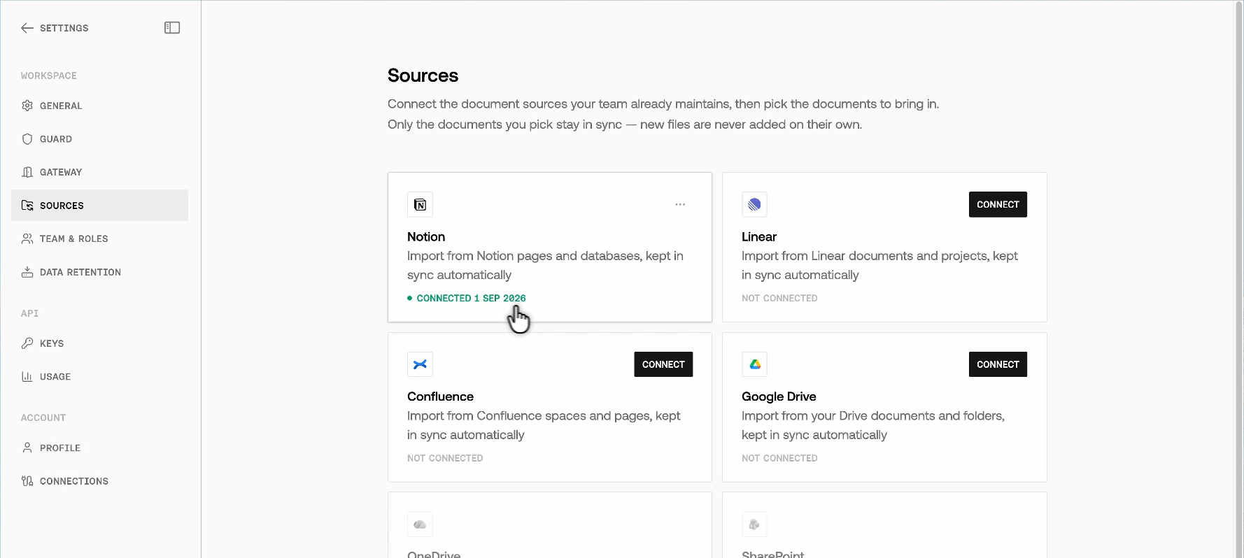 Settings → Sources page showing Notion as Connected