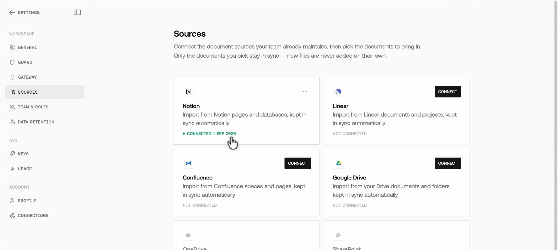 Settings → Sources page showing Notion as Connected