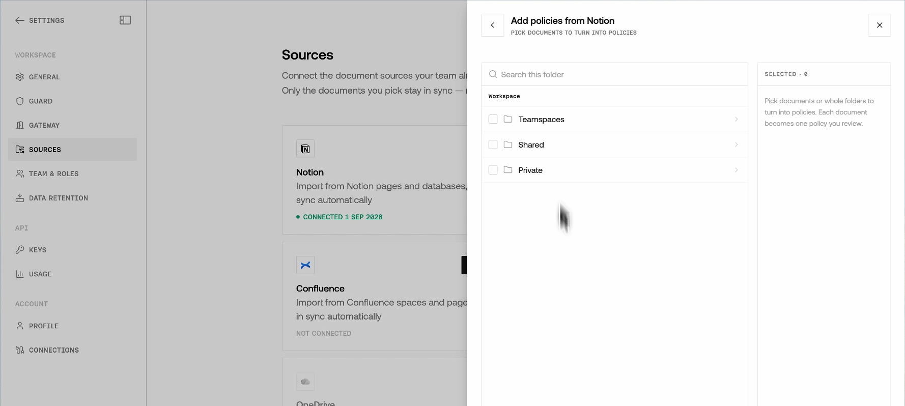 Add policies from Notion panel browsing Teamspaces, Shared, and Private folders to pick documents