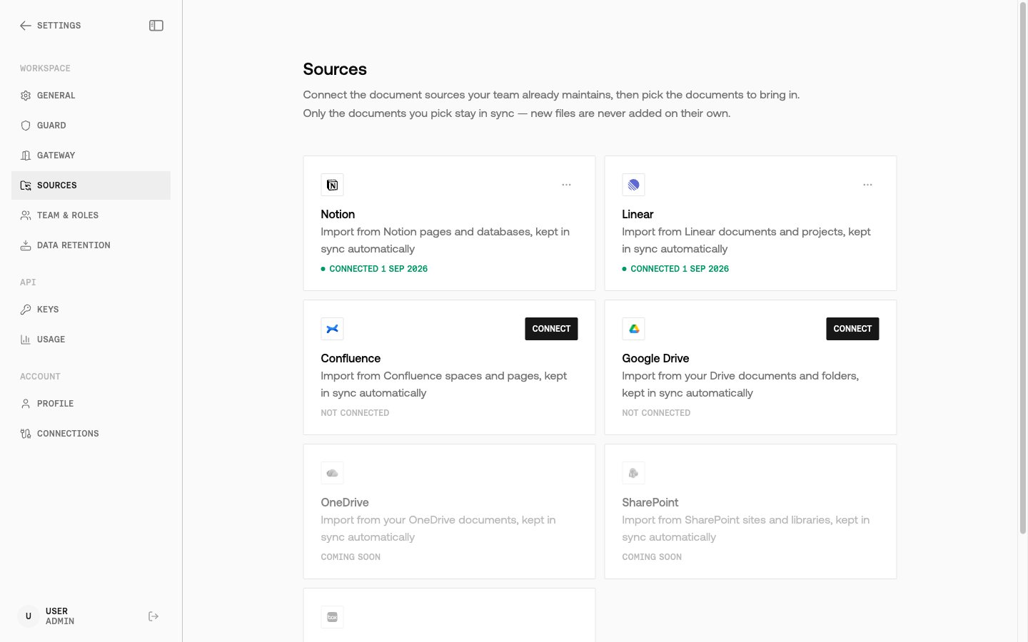 Settings → Sources page with Google Drive not yet connected