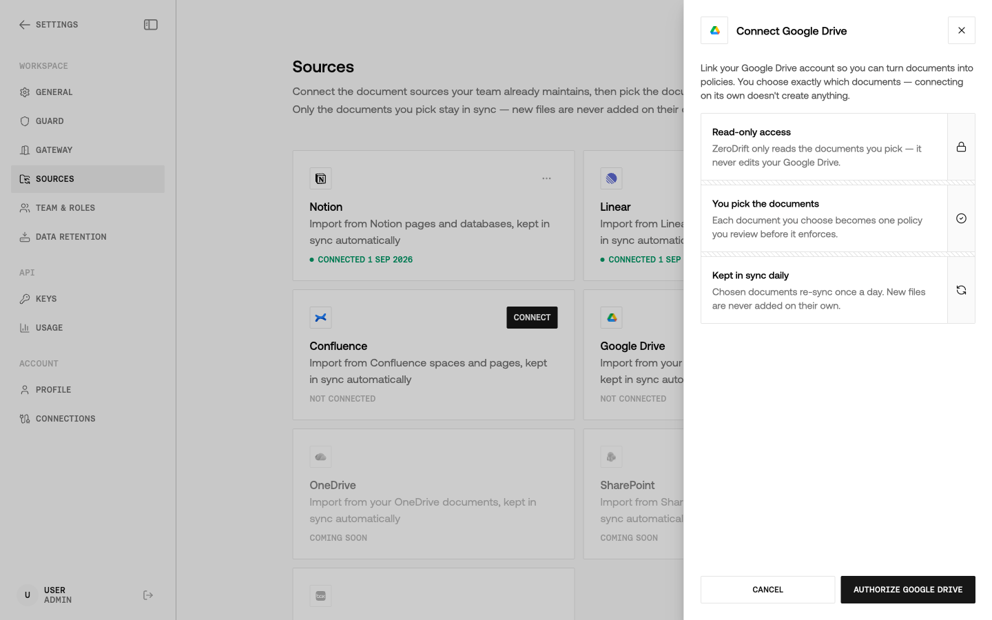 Connect Google Drive panel describing read-only access, document picking, and daily sync before authorizing