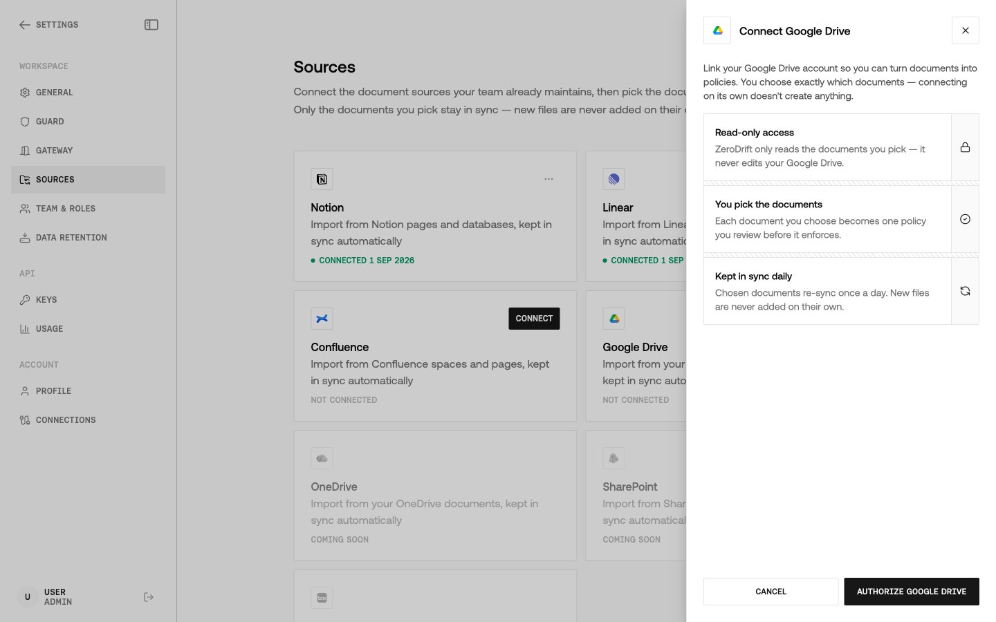 Connect Google Drive panel describing read-only access, document picking, and daily sync before authorizing