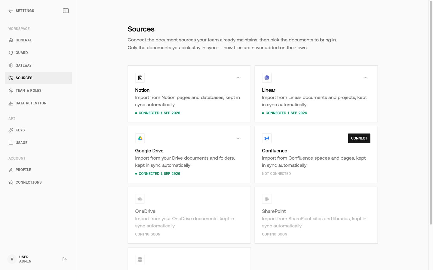 Settings → Sources page showing Google Drive as Connected