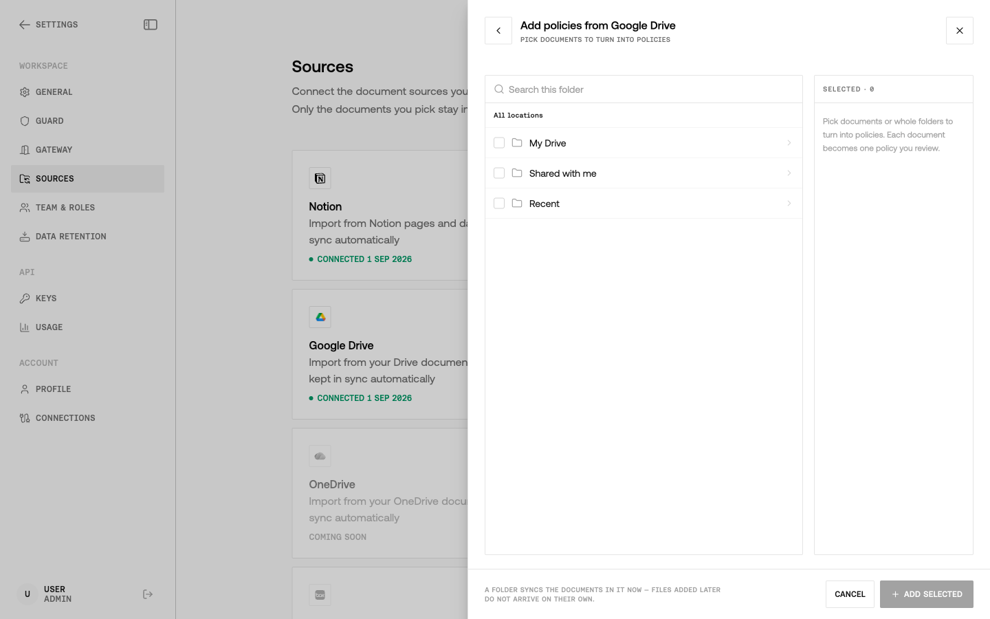 Add policies from Google Drive panel with All locations, My Drive, Shared with me, and Recent