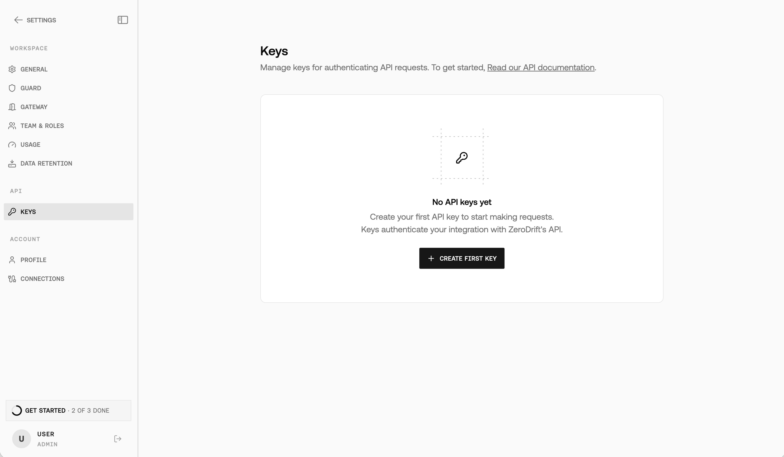 Command Settings → API → Keys empty state with Create first key