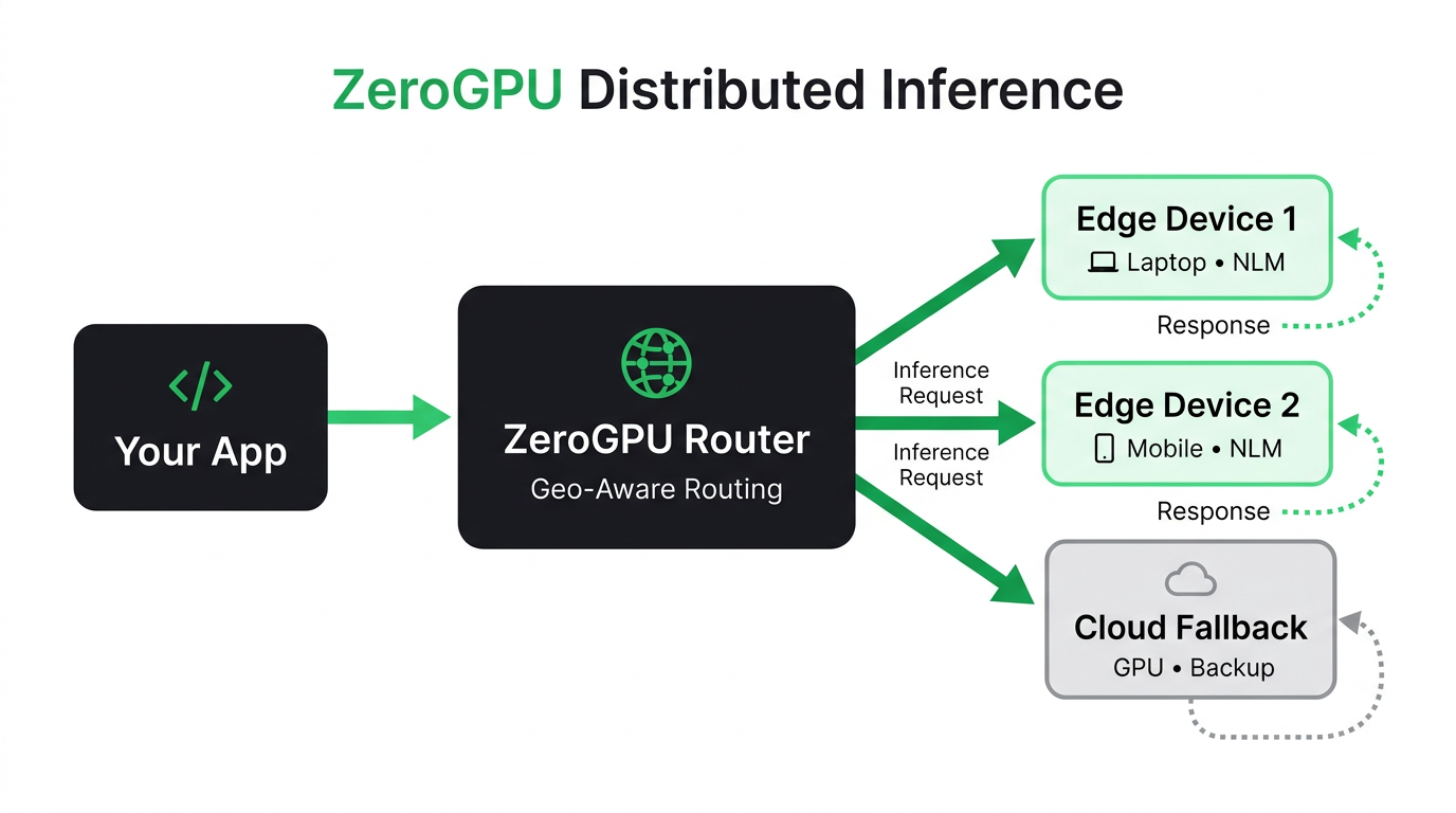 ZeroGPU distributed inference architecture showing Your App connecting to the ZeroGPU Router, which distributes requests to Edge Devices running NLMs with Cloud Fallback