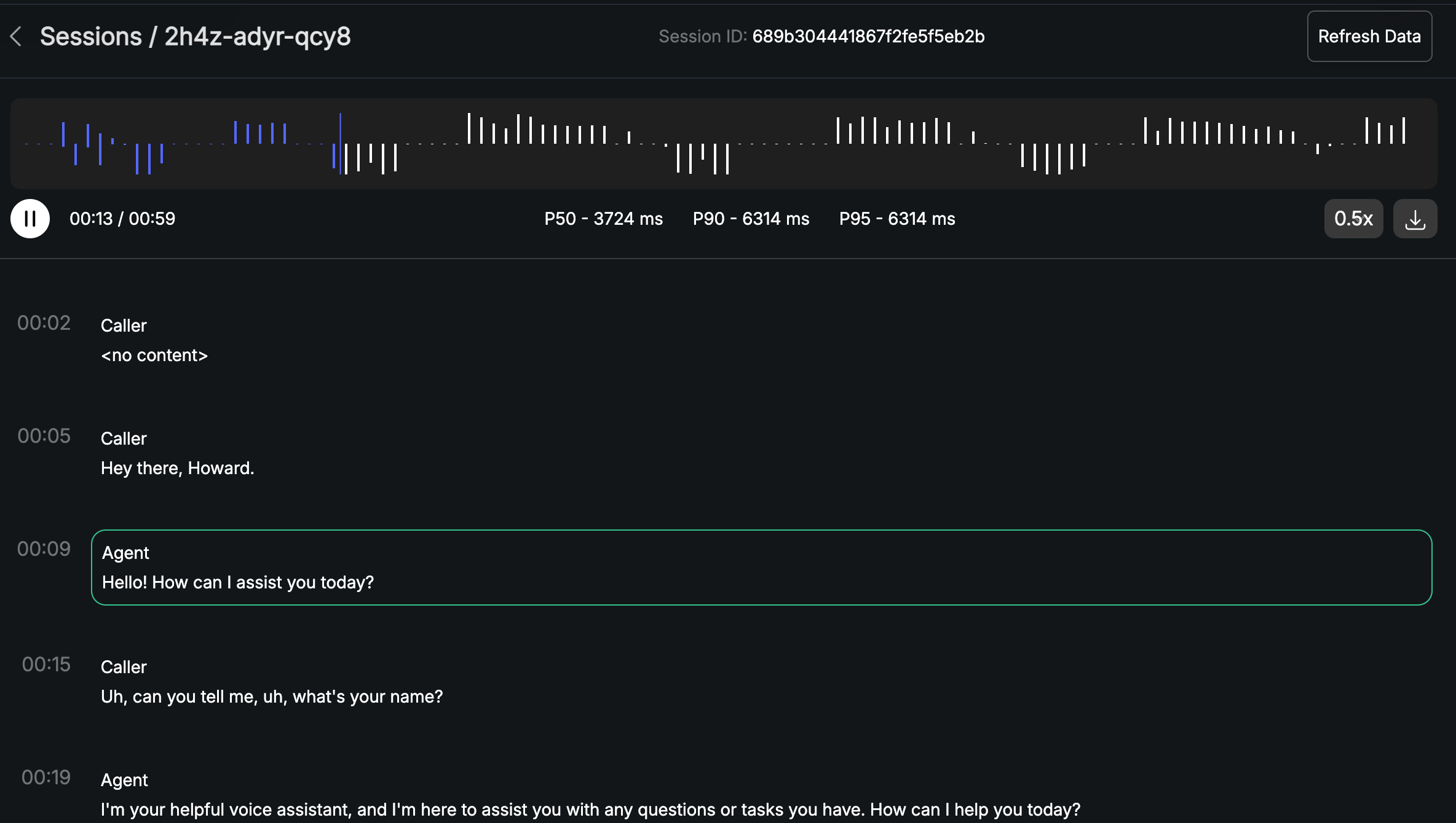 Session view showing the conversation transcript with timestamps and speaker labels alongside recording playback
