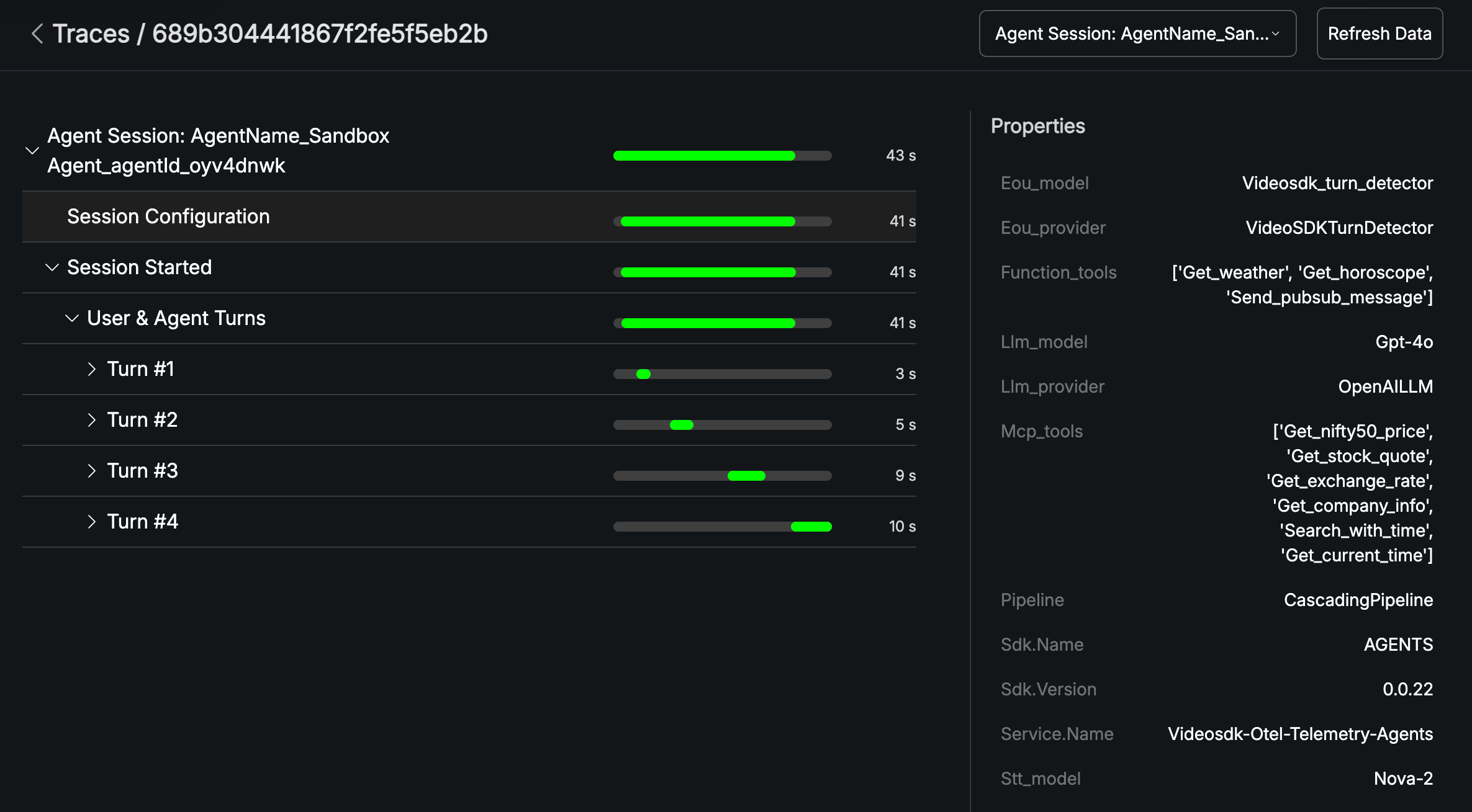 Trace view hierarchy with the Session Configuration node selected, showing STT, LLM, and TTS models and function and MCP tools in the Properties panel