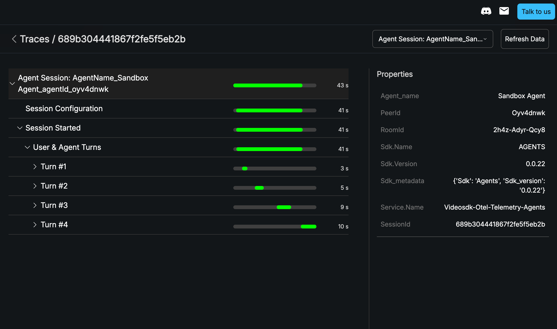 A user and agent turn expanded to show STT, EOU, LLM, and TTS processing spans along the timeline