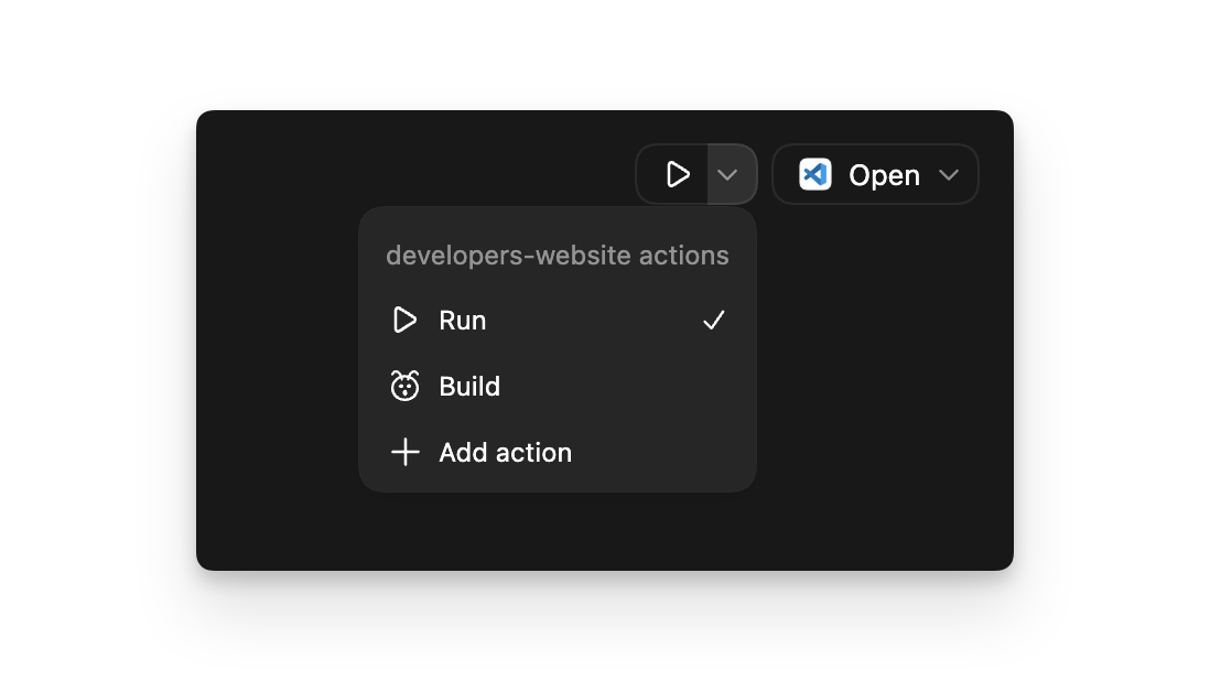 Project actions list shown in ZeroTwo desktop app settings