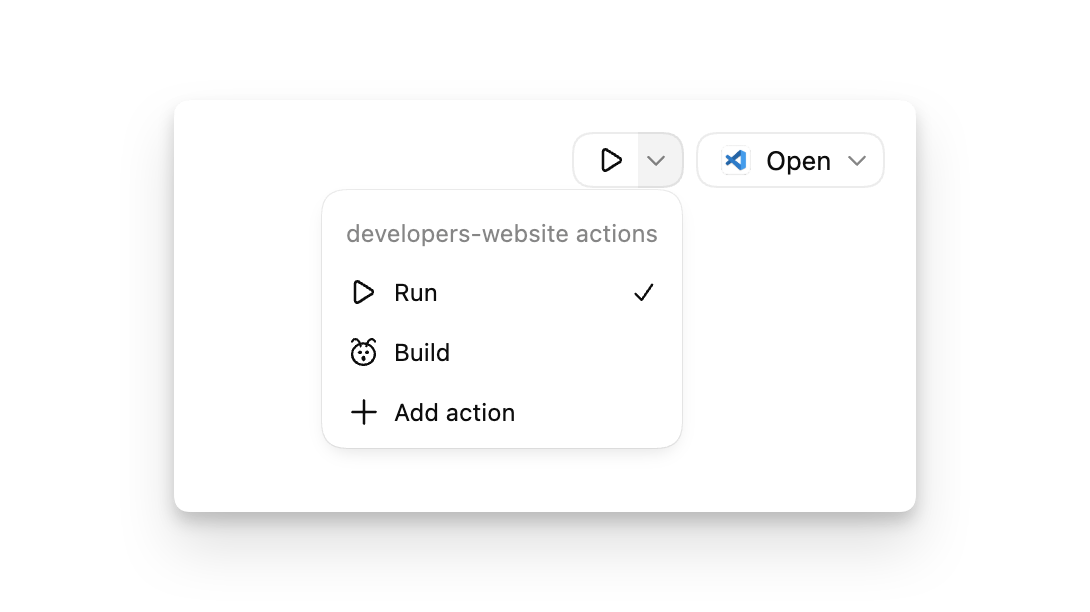 Project actions list shown in ZeroTwo desktop app settings