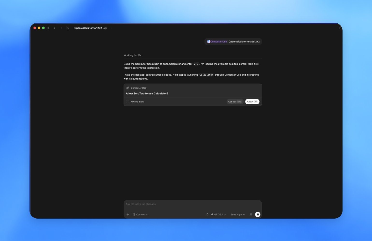 ZeroTwo desktop app asking for permission to use Calculator with Computer Use