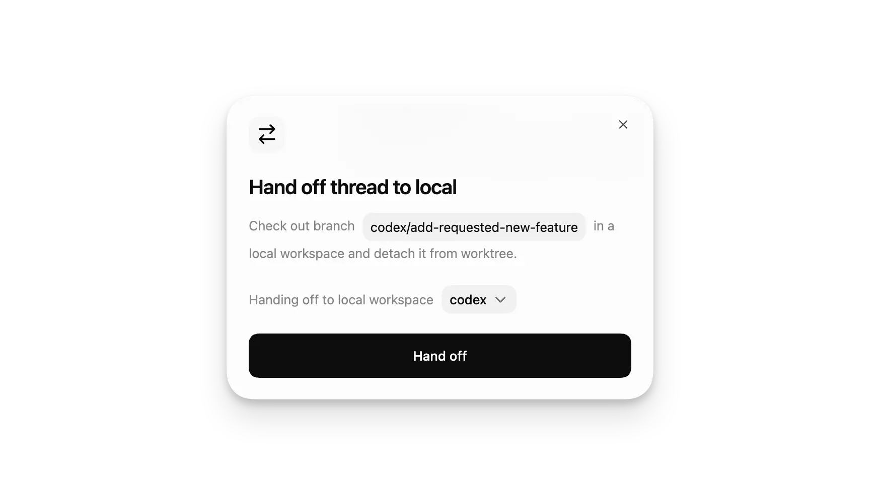 Handoff dialog moving a chat from a worktree to Local