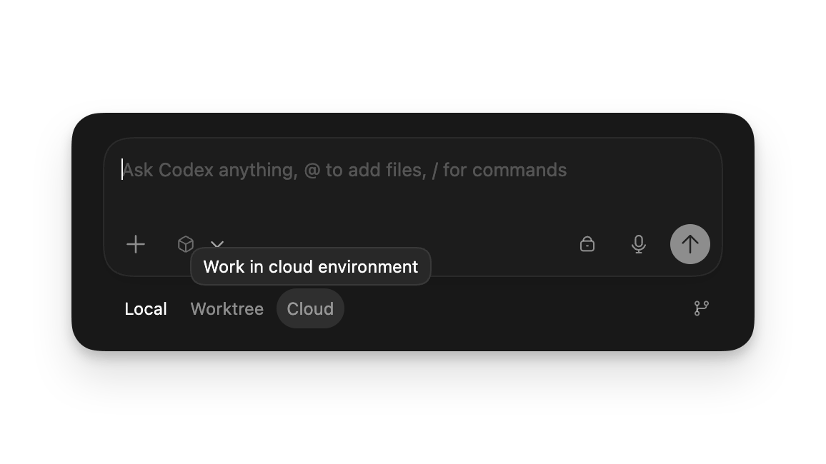 New chat composer with Local, Worktree, and Cloud environment options