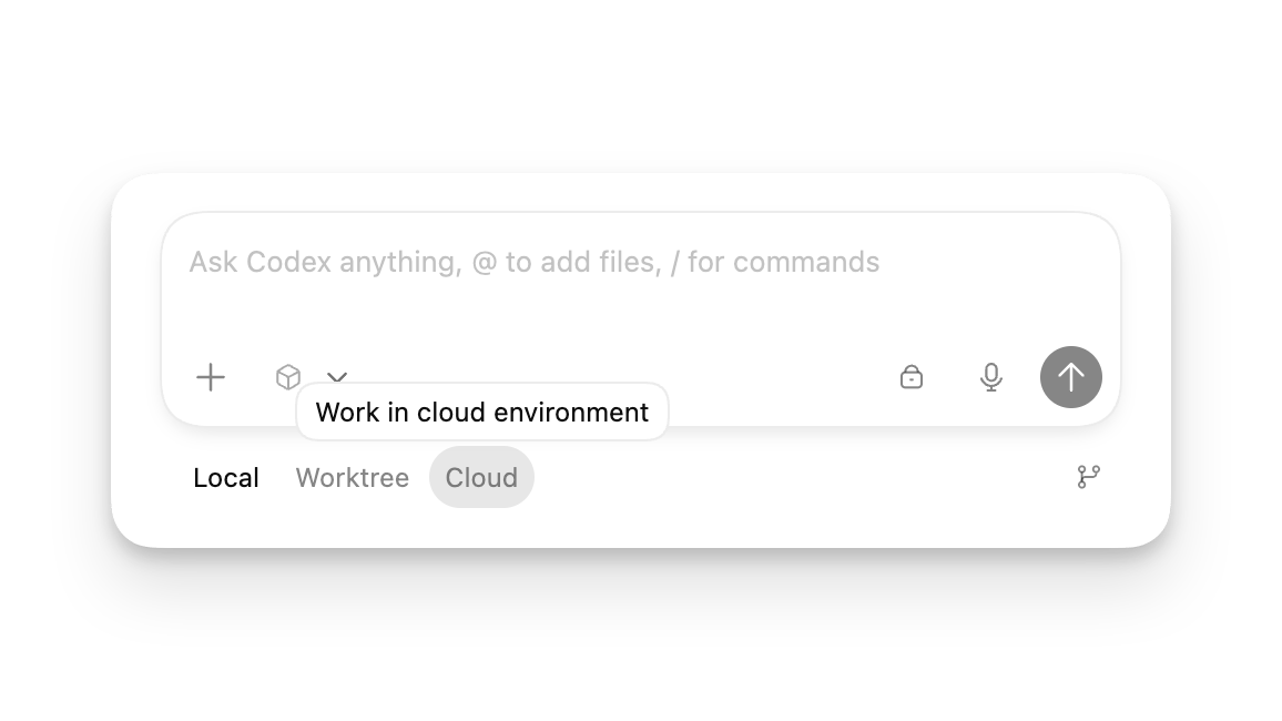 New chat composer with Local, Worktree, and Cloud environment options
