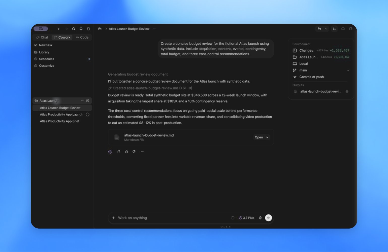 ZeroTwo desktop app showing the Atlas Launch project and its related conversations