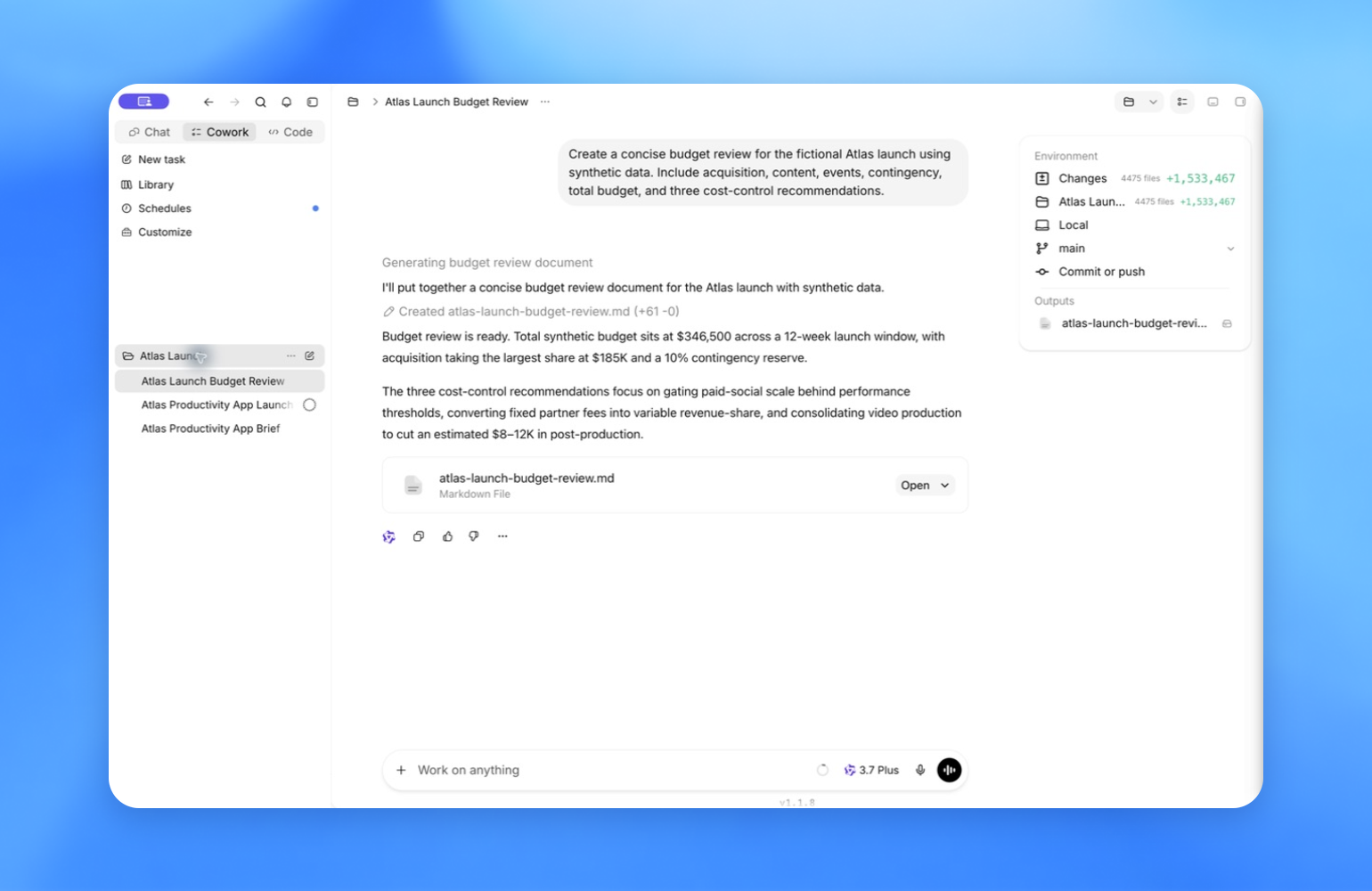 ZeroTwo desktop app showing the Atlas Launch project and its related conversations