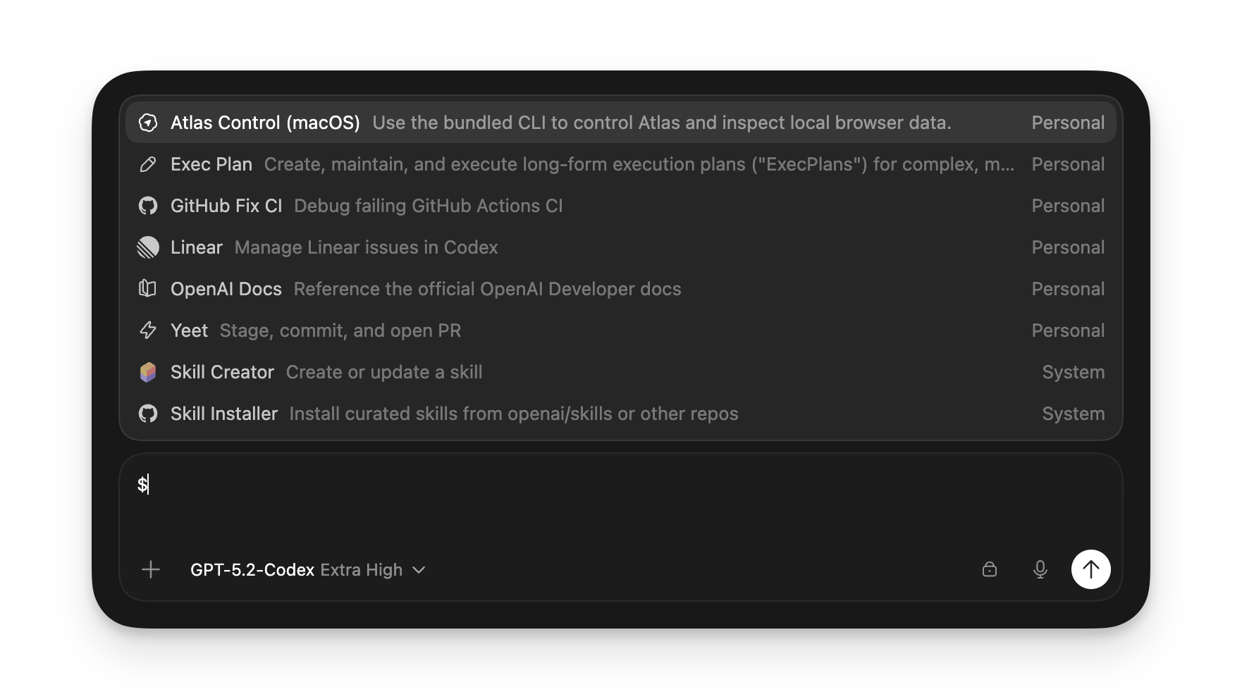 Skills picker showing available skills in the ZeroTwo desktop app