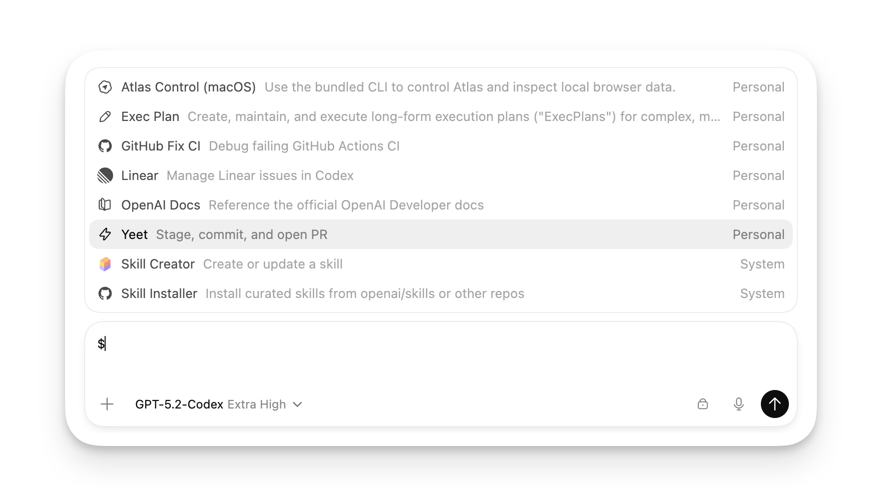 Skills picker showing available skills in the ZeroTwo desktop app