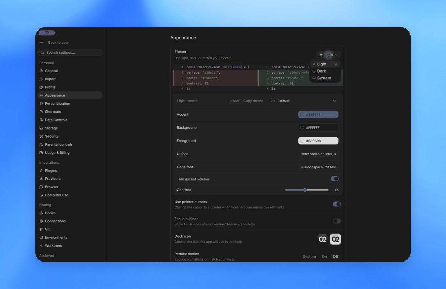 ZeroTwo desktop app Appearance settings showing theme selection, color controls, and font options
