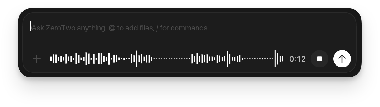 ZeroTwo voice dictation waveform active in the composer