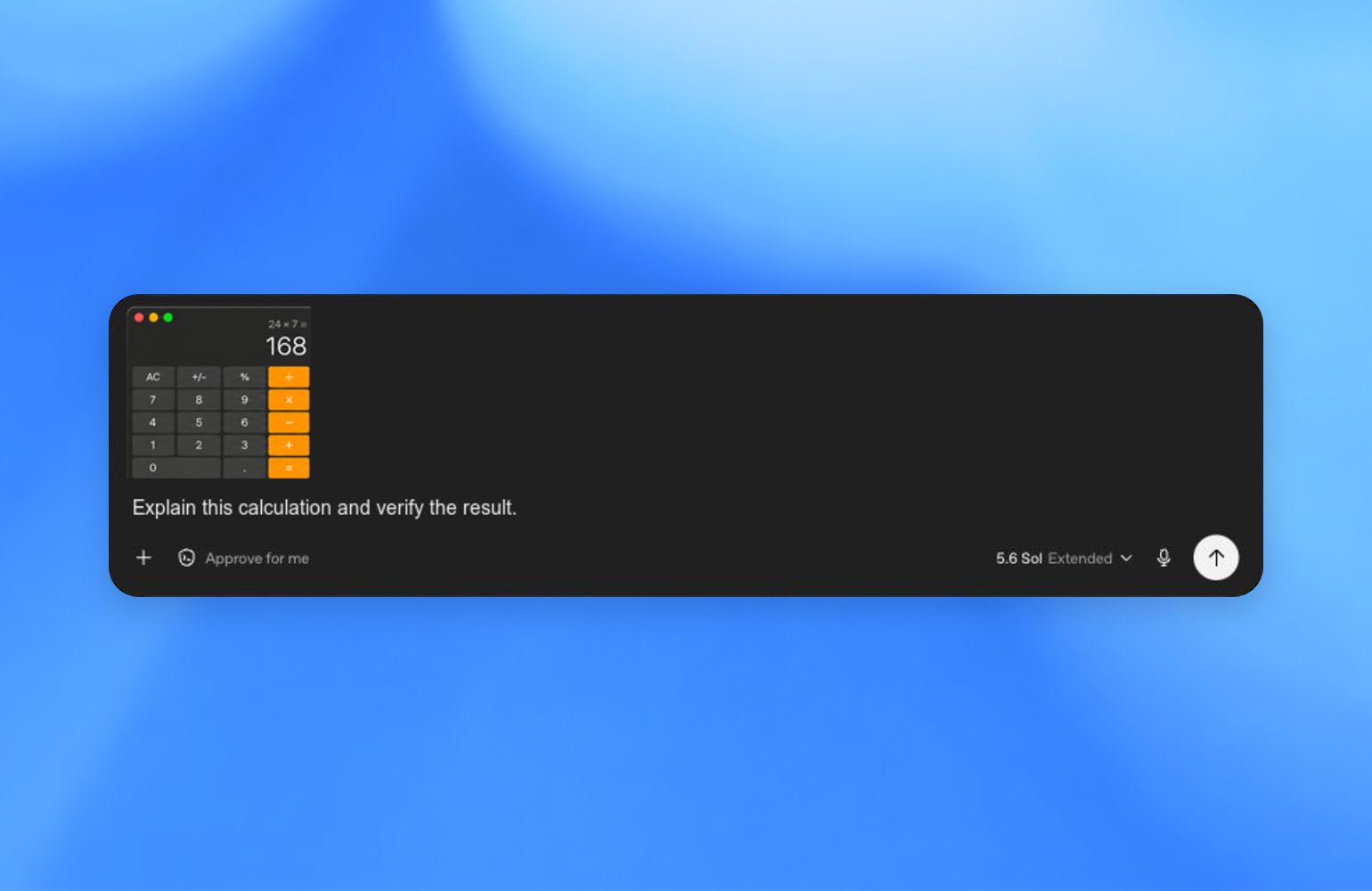 ZeroTwo composer with a Calculator appshot and a prompt asking to verify the result