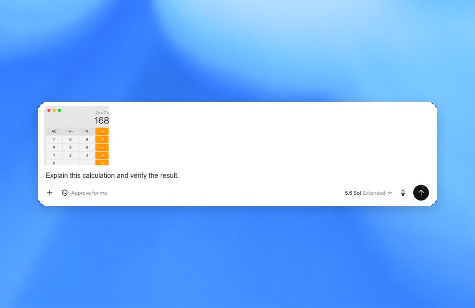 ZeroTwo composer with a Calculator appshot and a prompt asking to verify the result