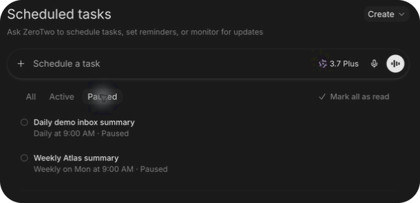 ZeroTwo Scheduled view with search, Active and Paused filters, and paused Atlas demo tasks