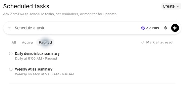 ZeroTwo Scheduled view with search, Active and Paused filters, and paused Atlas demo tasks