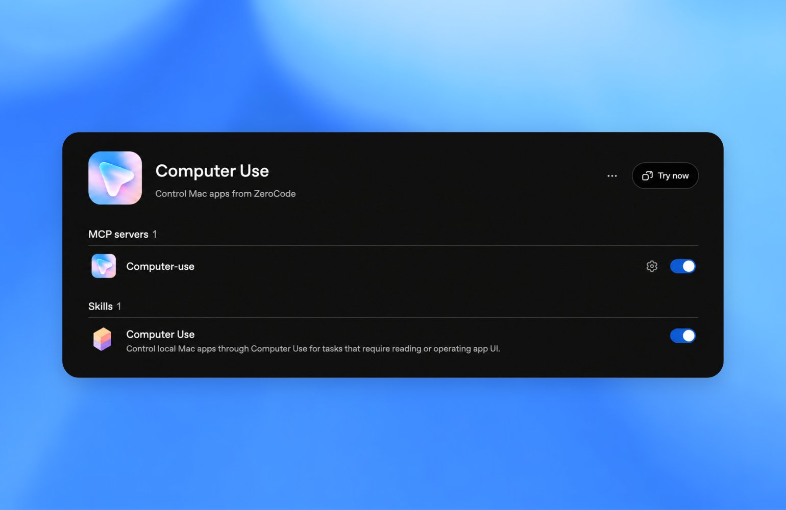 ZeroTwo Computer Use plugin card with its server and skill enabled