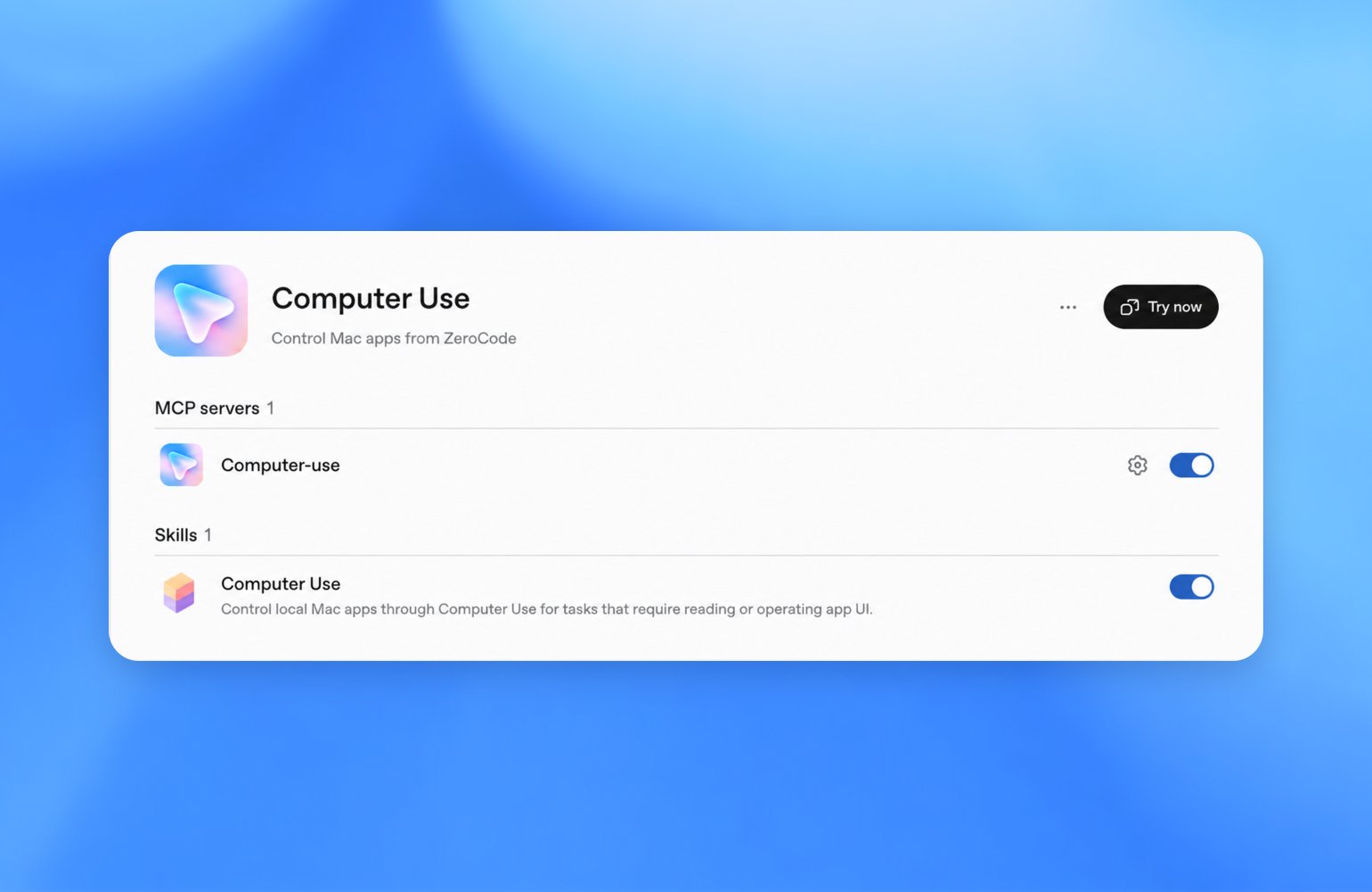 ZeroTwo Computer Use plugin card with its server and skill enabled