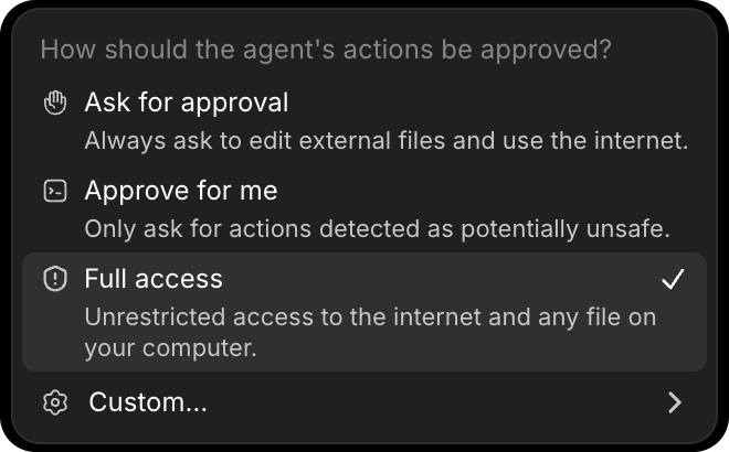ZeroTwo permission menu with Ask for approval, Approve for me, Full access, and Custom modes