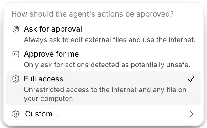 ZeroTwo permission menu with Ask for approval, Approve for me, Full access, and Custom modes